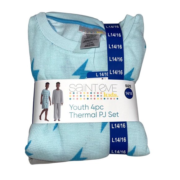 Saint Eve Kids Youth 4Pc Thermal Pajama Set L 14/16 Blue Lightning Print - Picture 4 of 4